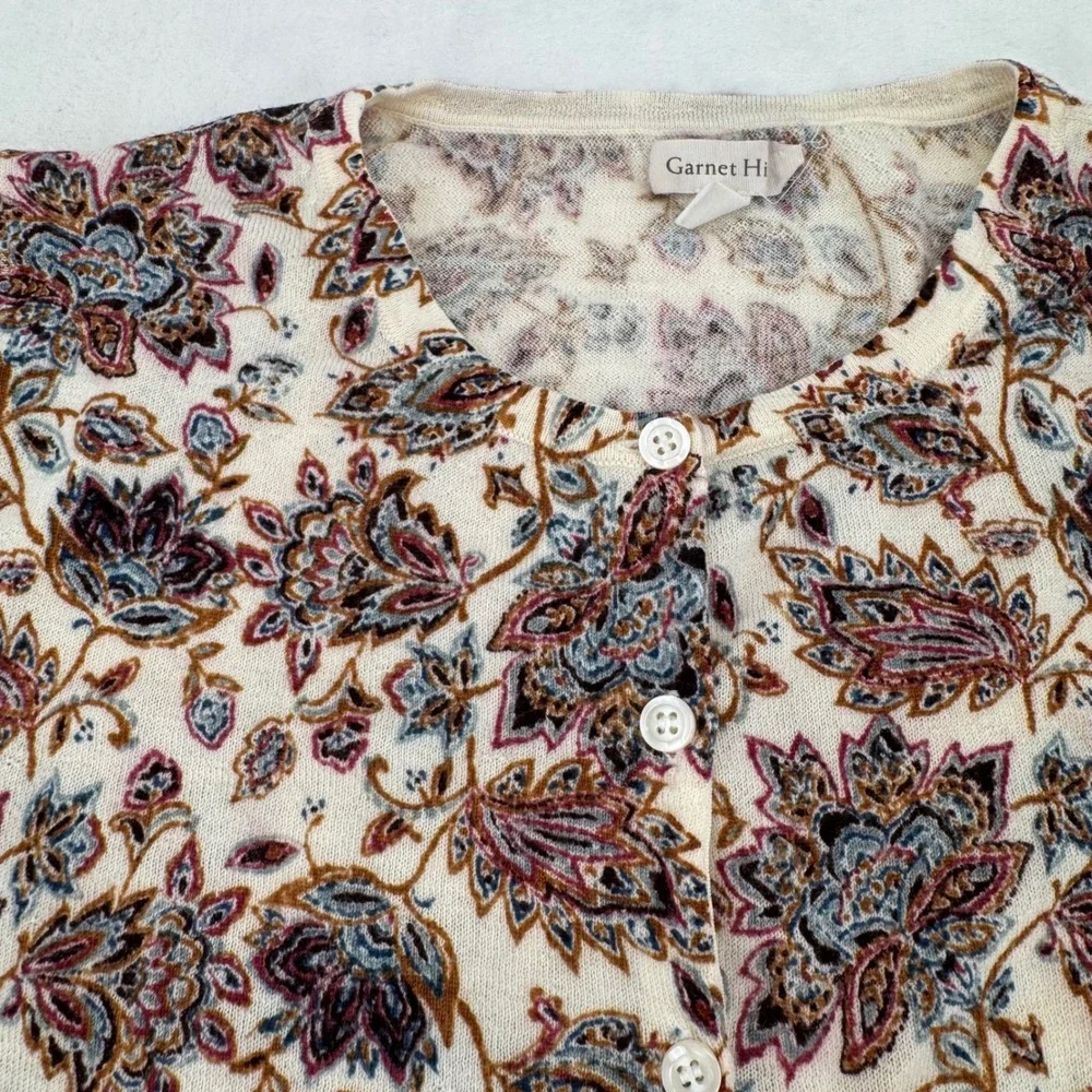 Garnet Hill 100% Merino Wool Paisley Floral Cream Cardigan Sweater Woman's Small